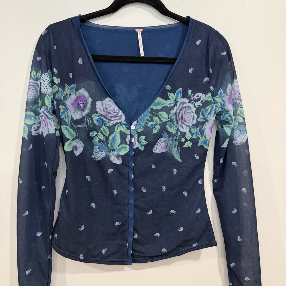 Free People Home Grown Mesh Cardi Blue Floral Long Sleeves Blouse Size XS NWOT